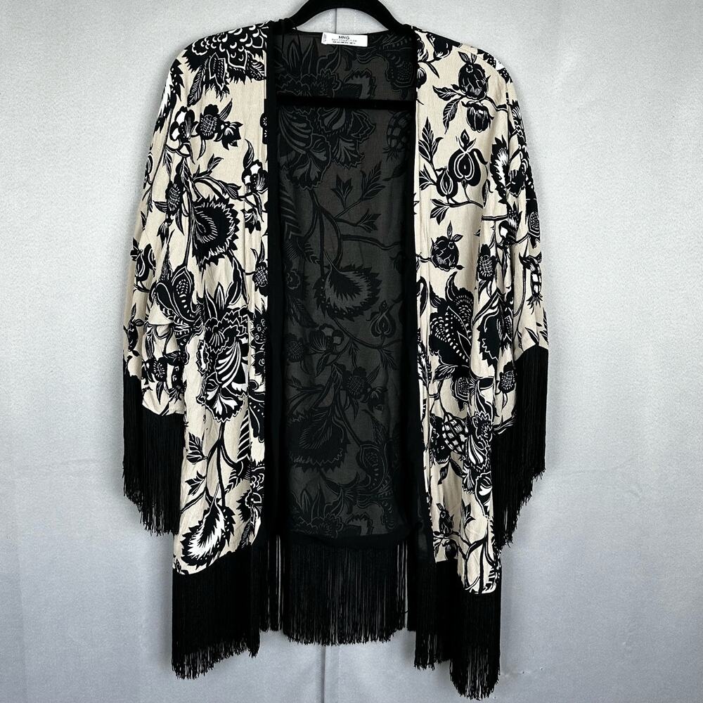 MNG Suit Collection Tan & Black Floral Open Front Kimono Fringe Boho One Size